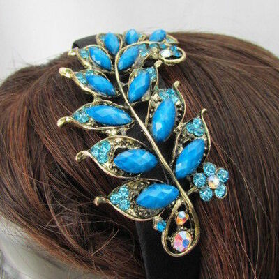 Women fashion headband long big floral leaf red blue gray purple beads bling