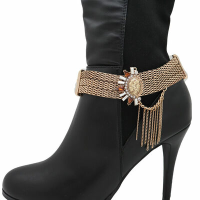 Women gold mesh metal chain boot bracelet shoe sun flower bling charm tassel