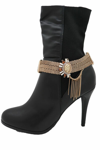 Women Gold Mesh Metal Chain Boot Bracelet Shoe Sun Flower Bling Charm Tassel