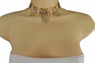 Women Gold Mesh Metal Fashion Jewelry Set Choker Short Necklace Silver Beads