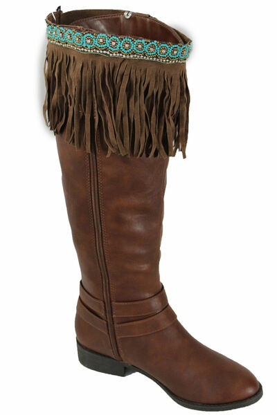 Western Women Boot Toppers Boho Brown Fabric Fringes Turquoise Blue Gold Beads