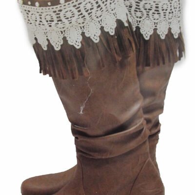 Western women boot toppers boho long brown faux leather fringes knee high lace