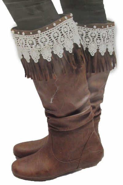 Western Women Boot Toppers Boho Long Brown Faux Leather Fringes Knee High Lace