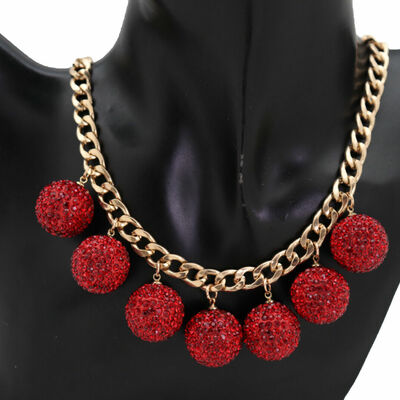 Women gold metal chain fashion jewelry necklace red disco ball charm pendant