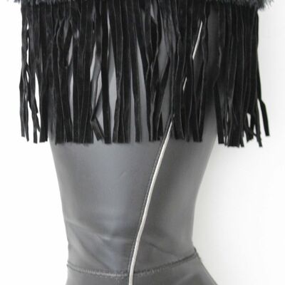 Western women winter boot toppers black fabric long fringe knee high white cross