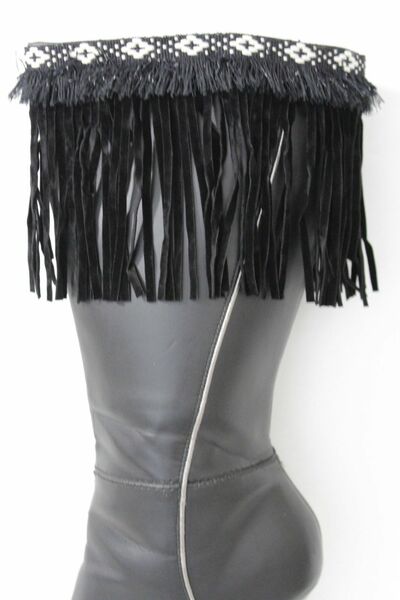 Western Women Winter Boot Toppers Black Fabric Long Fringe Knee High White Cross