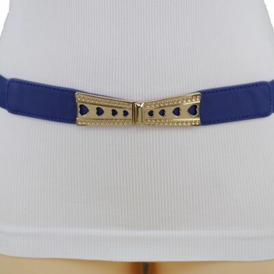 Women hip high waist blue waistband fashion belt gold metal heart buckle s m