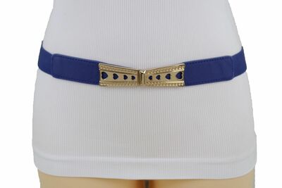 Women Hip High Waist Blue Waistband Fashion Belt Gold Metal Heart Buckle S M
