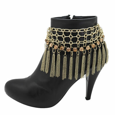 Women antique gold chain fringe tassel web boot band bracelet shoe charm western