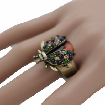 Women antique gold color fashion ring metal stretch band jewelry lady bug beetle
