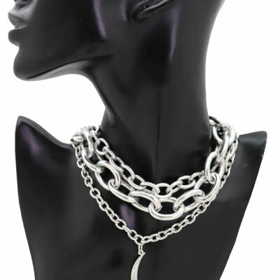 Women silver gold metal chain link fashion necklace moon bling charm pendant