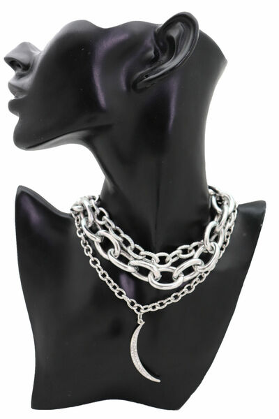 Women Silver Gold Metal Chain Link Fashion Necklace Moon Bling Charm Pendant