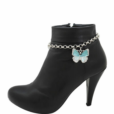 Women silver metal chain boot bracelet shoe charm jewelry sky blue butterfly