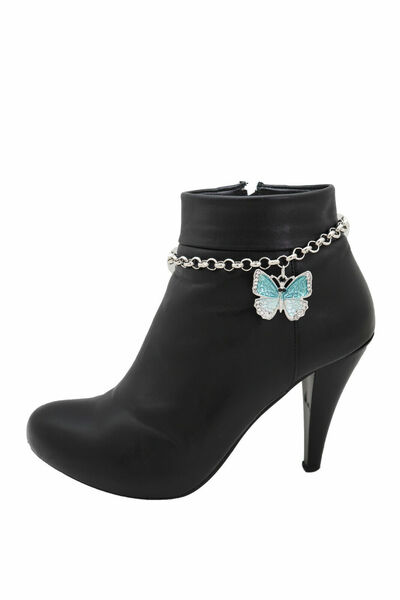 Women Silver Metal Chain Boot Bracelet Shoe Charm Jewelry Sky Blue Butterfly