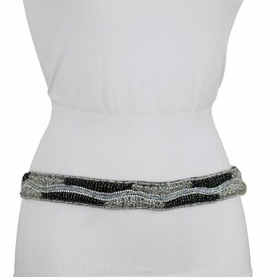 Hippie women grey skinny band fashion belt hip high waist black silver beads s m