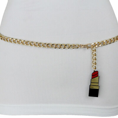 Women beauty style gold metal chain belt hio waist red lipstick charm xs s m