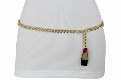 Women Beauty Style Gold Metal Chain Belt Hio Waist Red Lipstick Charm XS S M
