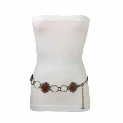 Women Antique Silver Metal Hip High Waist Belt Brown Beads Flower Charm Size S M