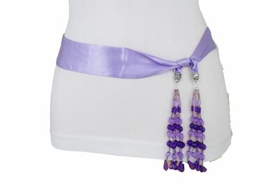Women Belt Sash Tie Wrap Round Silk Lavender Purple Fabric Tassel Beads XS S