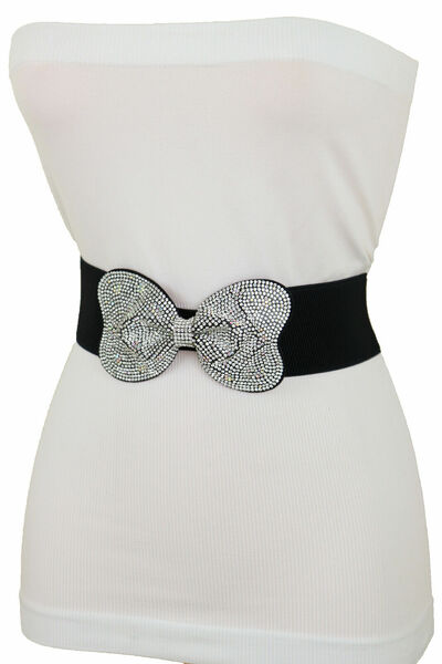 Women Cool Belt Black Elastic Waistband Bow Tie Bling Look Buckle Size S M L