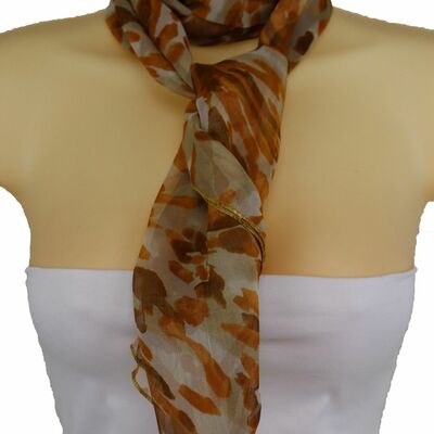 Women beige brown floral long stripes retro urban artsy fashion long scarf wrap