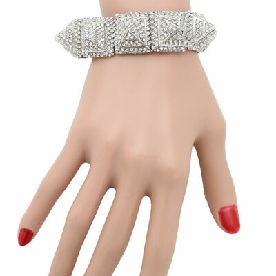 Women fashion jewelry silver metal bracelet bling pyramid spikes fancy style
