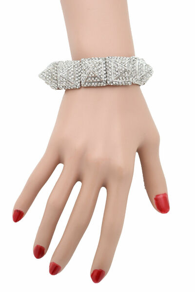 Women Fashion Jewelry Silver Metal Bracelet Bling Pyramid Spikes Fancy Style