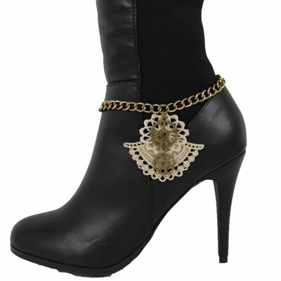 Women gold anklet chain boot beige lace steam punk shoe clock charm bracelet