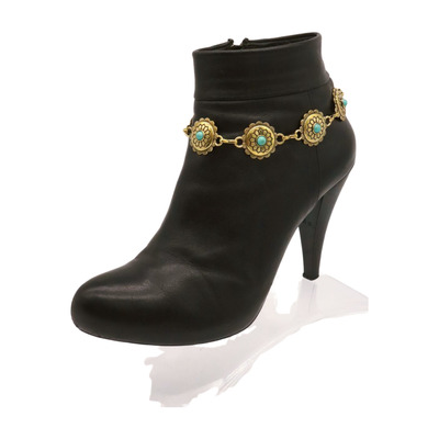 Women gold metal boot chain bracelet shoe charm turquoise blue flower anklet