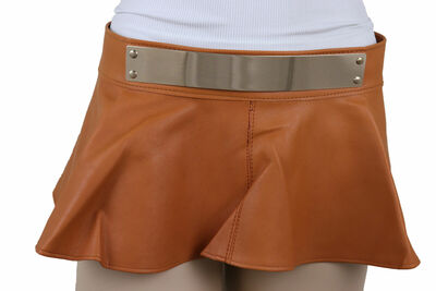 Women Beige Waistband Wrap Around Skirt Tie School Work Belt Gold Metal Size S M