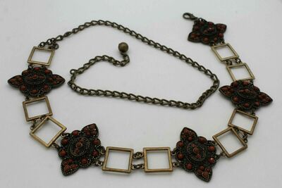 Women Belt Antique Gold Retro Ethnic Fashion Hip Waist Brown Flower Charm S M L