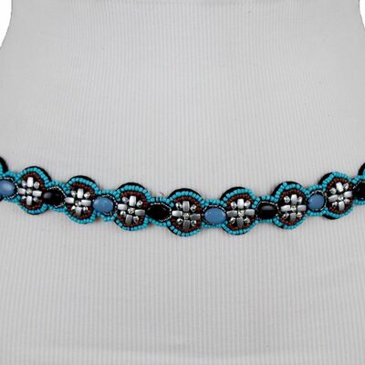Women belt fashion high waist hip black elastic turquoise blue silver beads s m