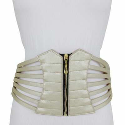 Women light gold champagne color elastic waistband corset belt hip waist s m
