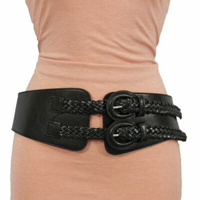 Women belt hip high waist elastic fabric band double buckles fashion size s m l