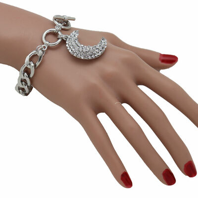 Women silver metal chain bracelet moon charm crescent cool fashion accessory