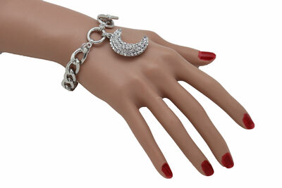 Women Silver Metal Chain Bracelet Moon Charm Crescent Cool Fashion Accessory