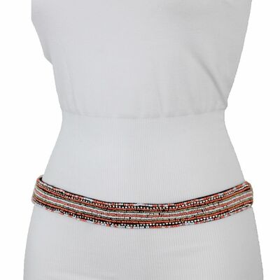 Women belt hip high waist stretch fabric coral white beads waistband size s m