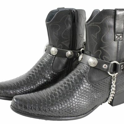 Men boots chains pair black faux leather strap native american charm motorcycle