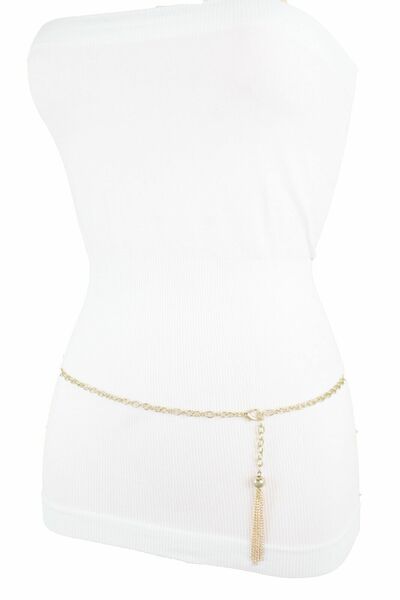 Women Belt Hip Waist Ultra Skinny Fashion Gold Metal Chain Tassel Ball M L XL