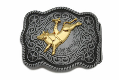 Men Belt Buckle Dark Silver Metal Cowboy Western 3D Rodeo Bull Riding Gold