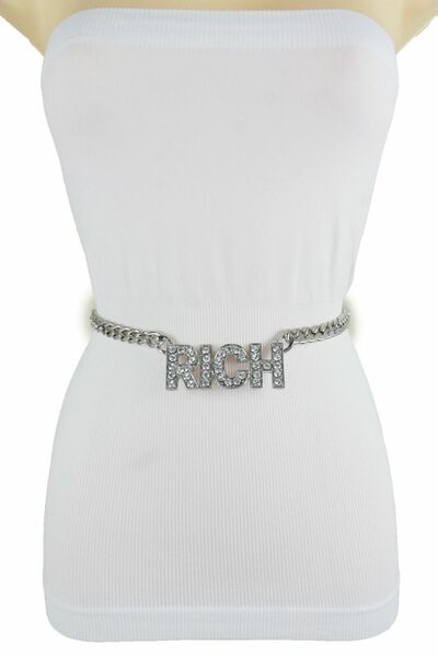 Women Belt Street Fashion Waist Hip Silver Metal Chain Links RICH Buckle M L XL