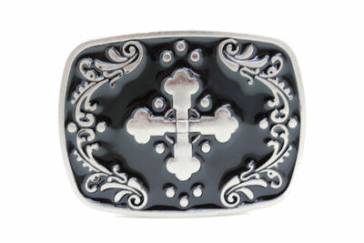 Men Biker Belt Buckle Black Silver Metal Weekend Iron Cross Filigree