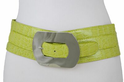 Women Big Silver Metal Square Buckle Belt Elastic Band Bright Green Apple XS S