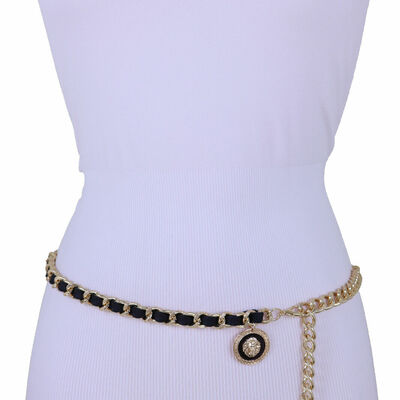 Women black band belt gold metal chain links lion night club xs s m