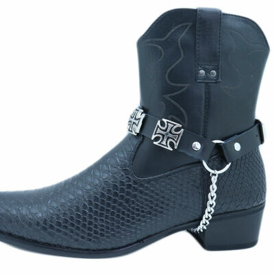 Men boot silver metal chain cross charm pair straps motorcycle fashion accessory
