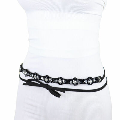 Women black band wrap round tie evening wear fashion belt dress bead size xs s m