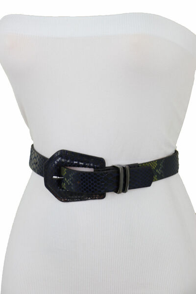 Women Black Blue Faux Snakeskin Leather Waistband Pant Jeans Fashion Belt S M