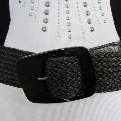 Women black braided hip waist fashion belt big retro square shape buckle s m