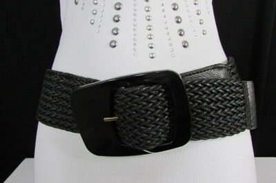 Women Black Braided Hip Waist Fashion Belt Big Retro Square Shape Buckle S M