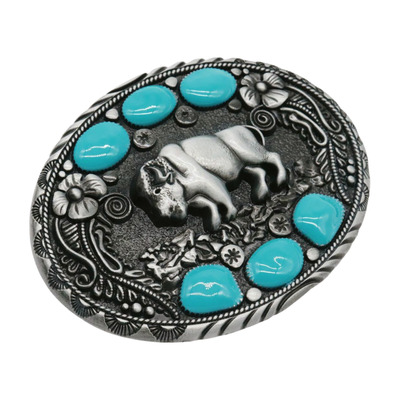 Men buffalo ox silver metal comnfortable buckle bull turquoise blue southwestern